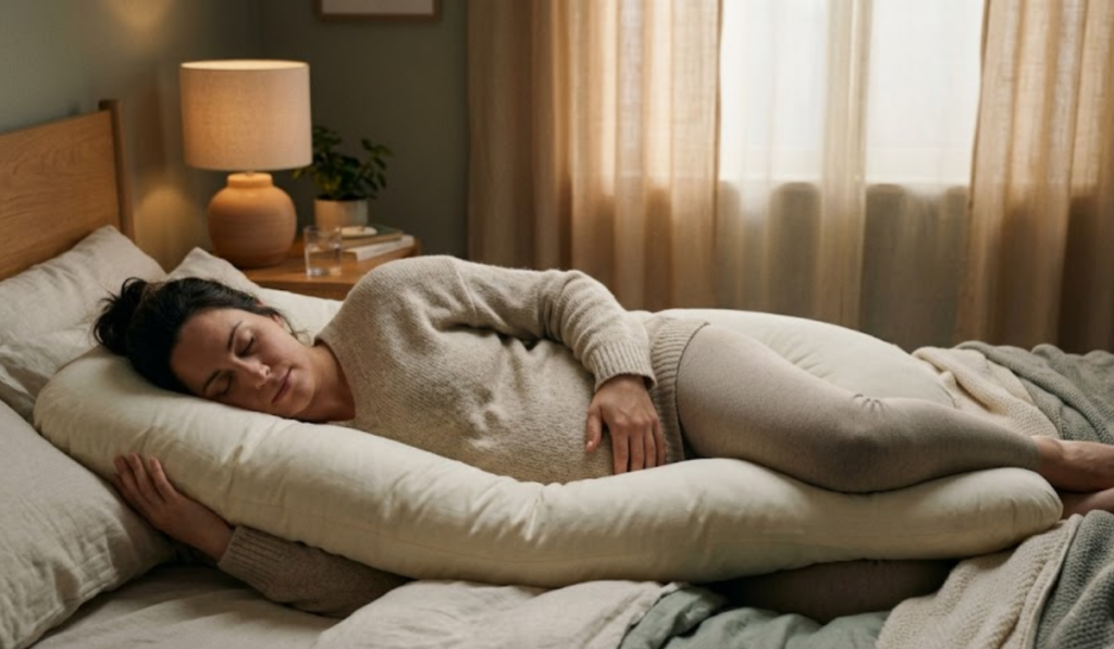 Pregnant woman sleeping comfortably on her side with a pregnancy pillow, restful pregnancy sleep