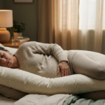 Pregnant woman sleeping comfortably on her side with a pregnancy pillow, restful pregnancy sleep