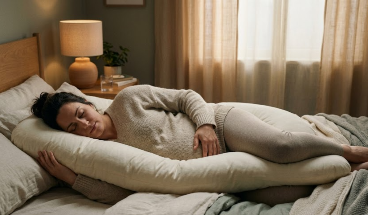 Pregnant woman sleeping comfortably on her side with a pregnancy pillow, restful pregnancy sleep