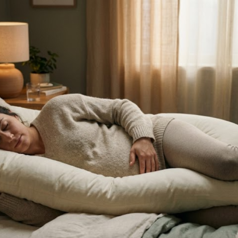 Pregnant woman sleeping comfortably on her side with a pregnancy pillow, restful pregnancy sleep
